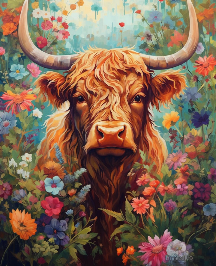 Hooglander tussen de Bloemen
